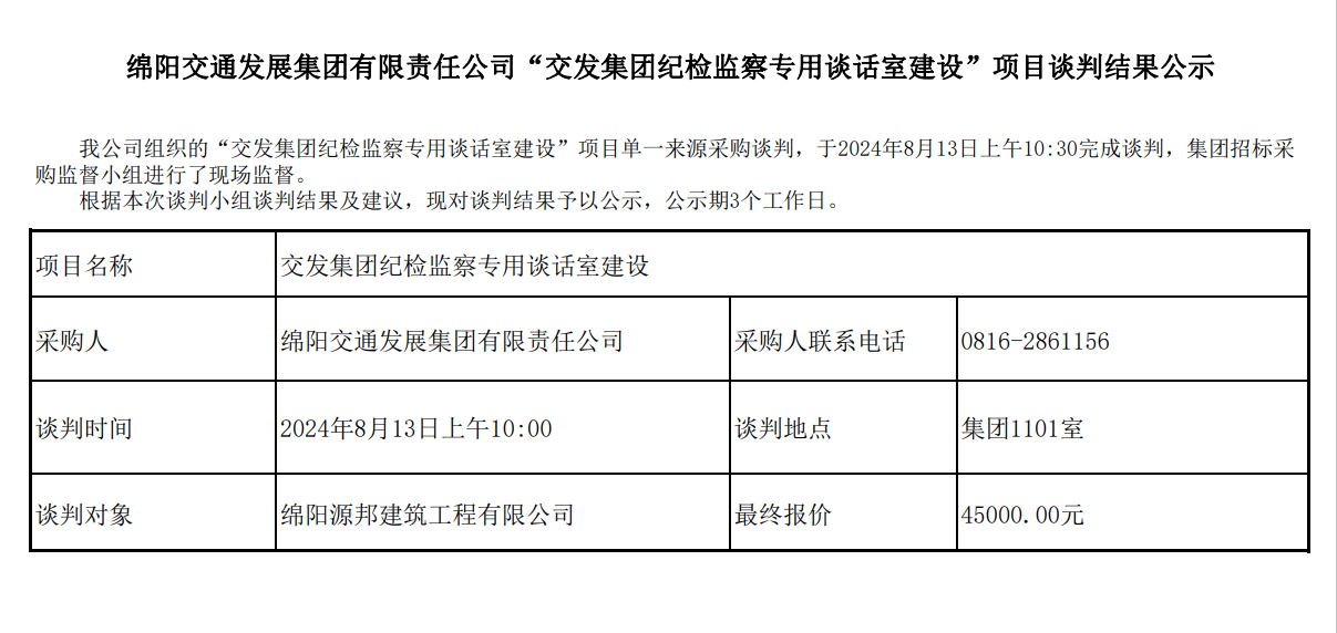 綿陽交通發(fā)展集團有限責任公司“交發(fā)集團紀檢監(jiān)察專用談話室建設”項目談判結果公示.png